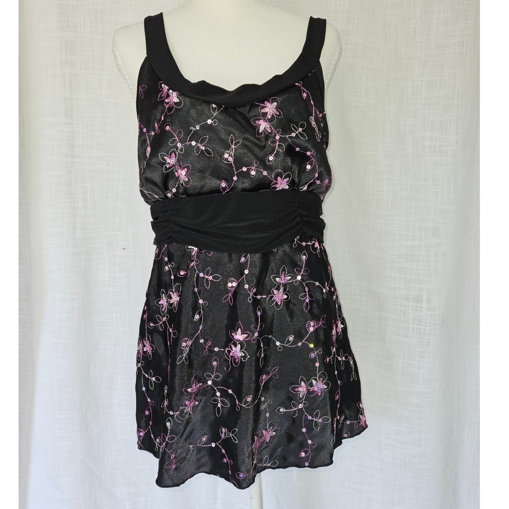 Vintage Y2K Vanity Camisole Top Womens XL Black Pink Floral Sequin Babydoll Chic